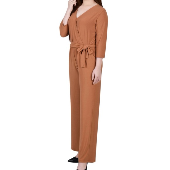 Petite 3/4 Sleeve Belted Wide Leg Jumpsuit - Picture 2 of 3